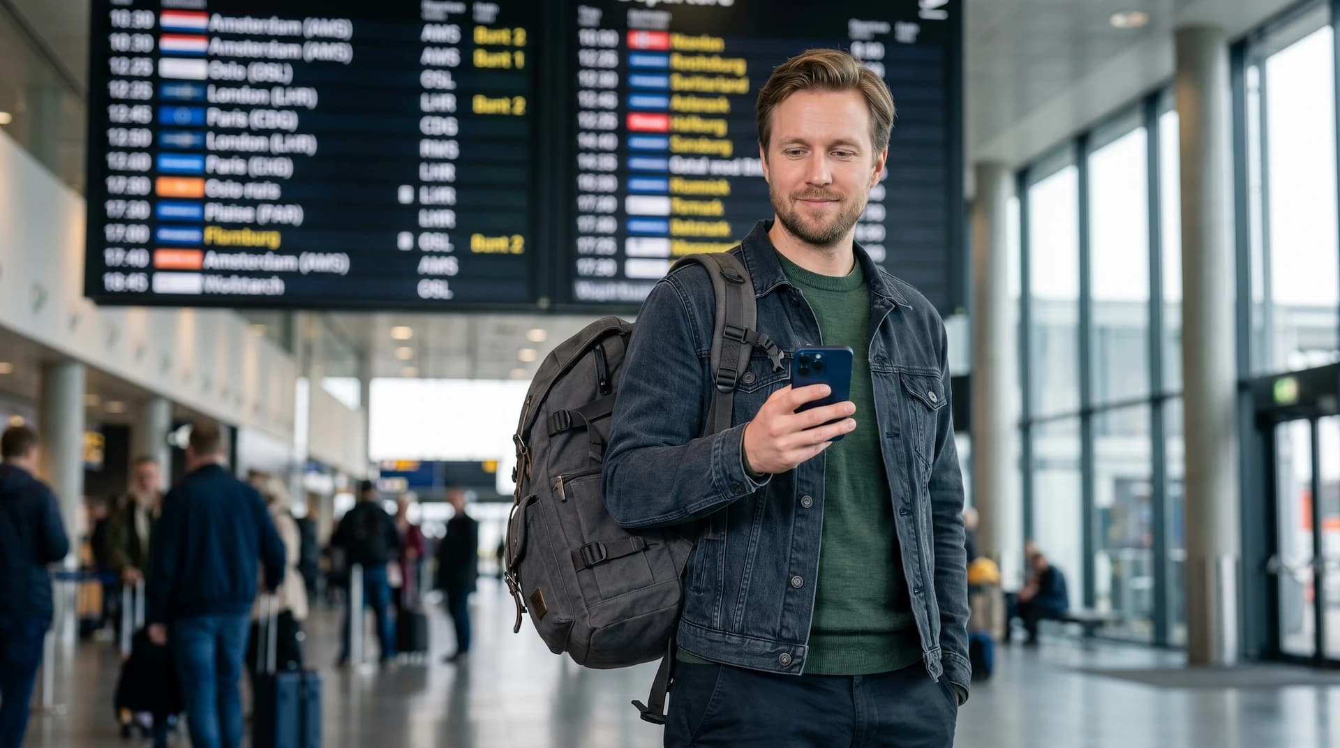 Traveler at an airport managing trip expenses on a phone