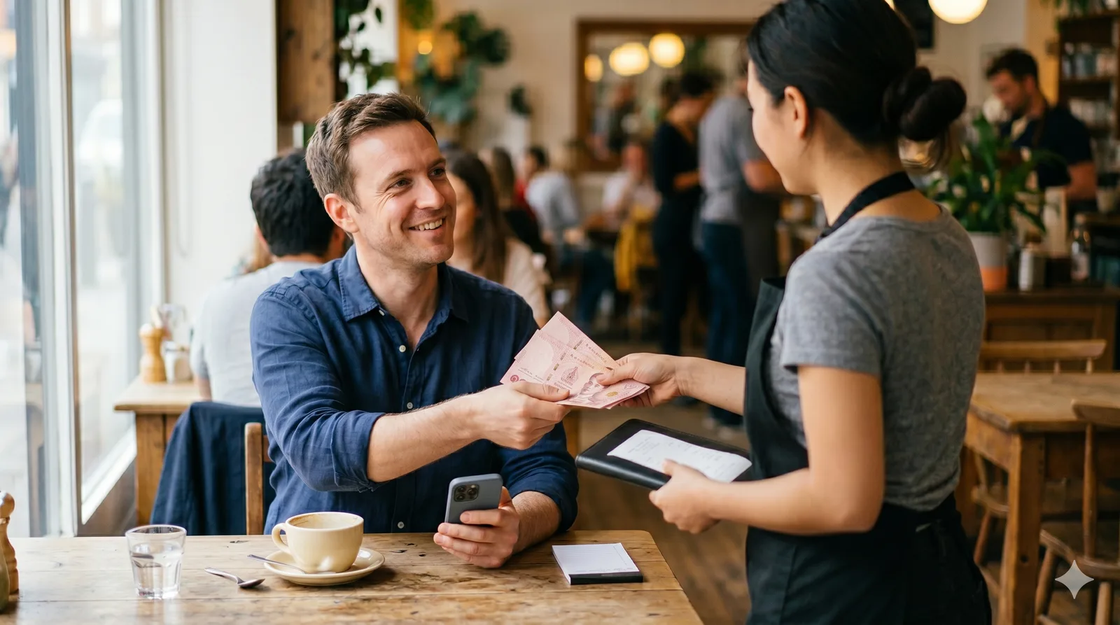 Traveler paying a cafe bill in cash while holding a phone to log the expense
