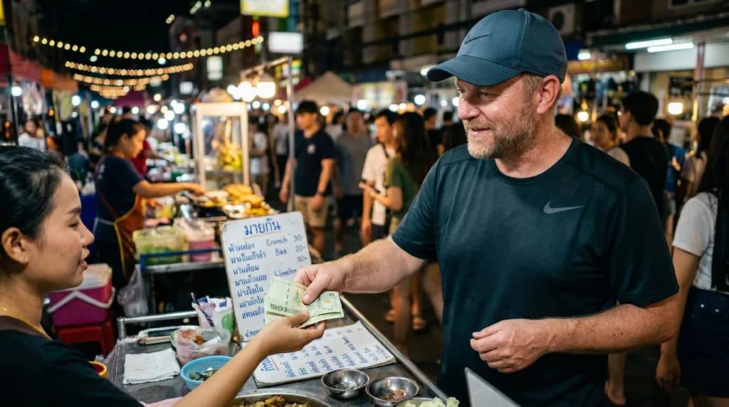 Traveler paying cash at a night market stall, the kind of local spending cards often miss
