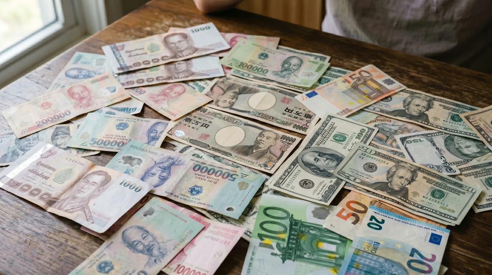 Mixed currency notes on a cafe table beside coffee, the kind of spending a spreadsheet misses on the go