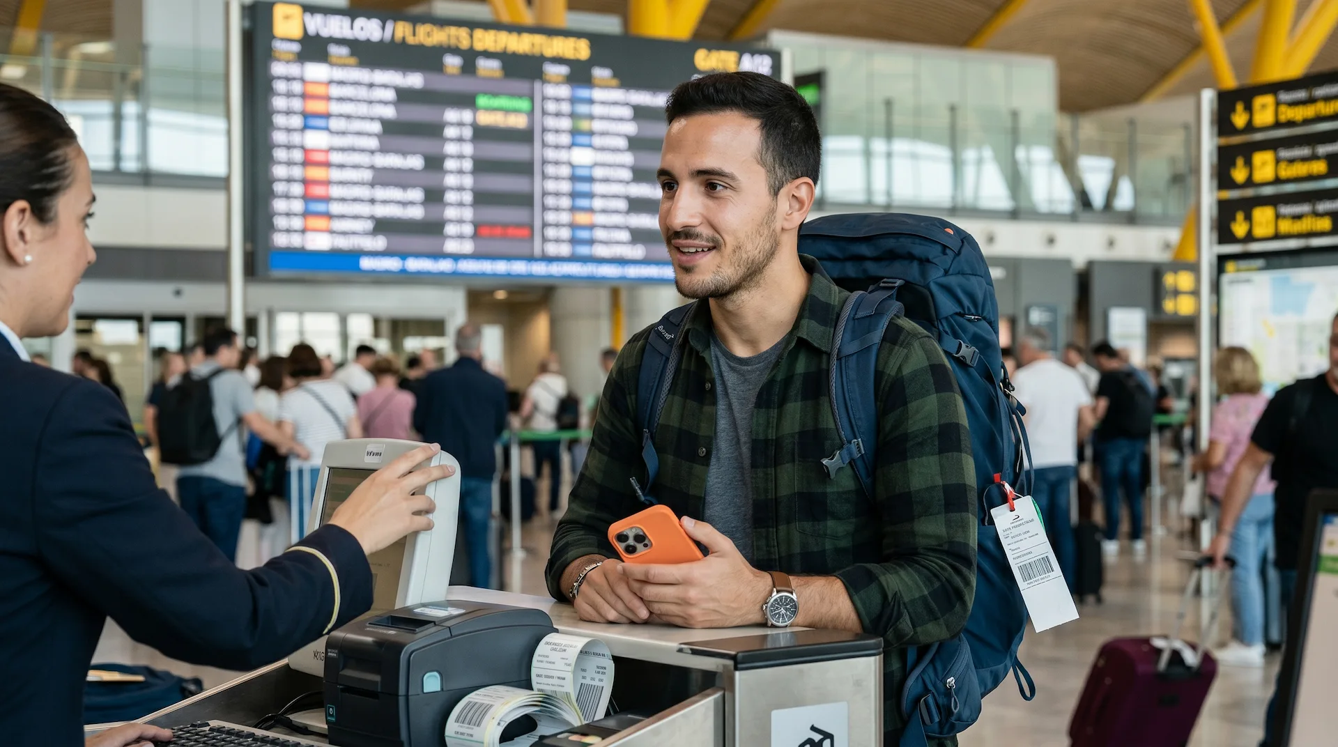 Solo traveler at the airport calmly reviewing trip spending on a phone—plan and track a travel budget with SpendSnap